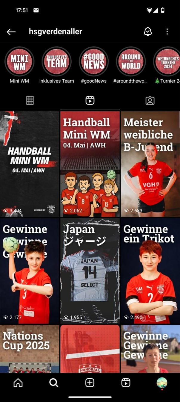 Instagram-Profilseite von hsgverdenaller mit Beiträgen zu Handball Mini WM am 4. Mai, weiblicher B-Jugend Meisterin, Gewinnspielen und Japan-Trikot